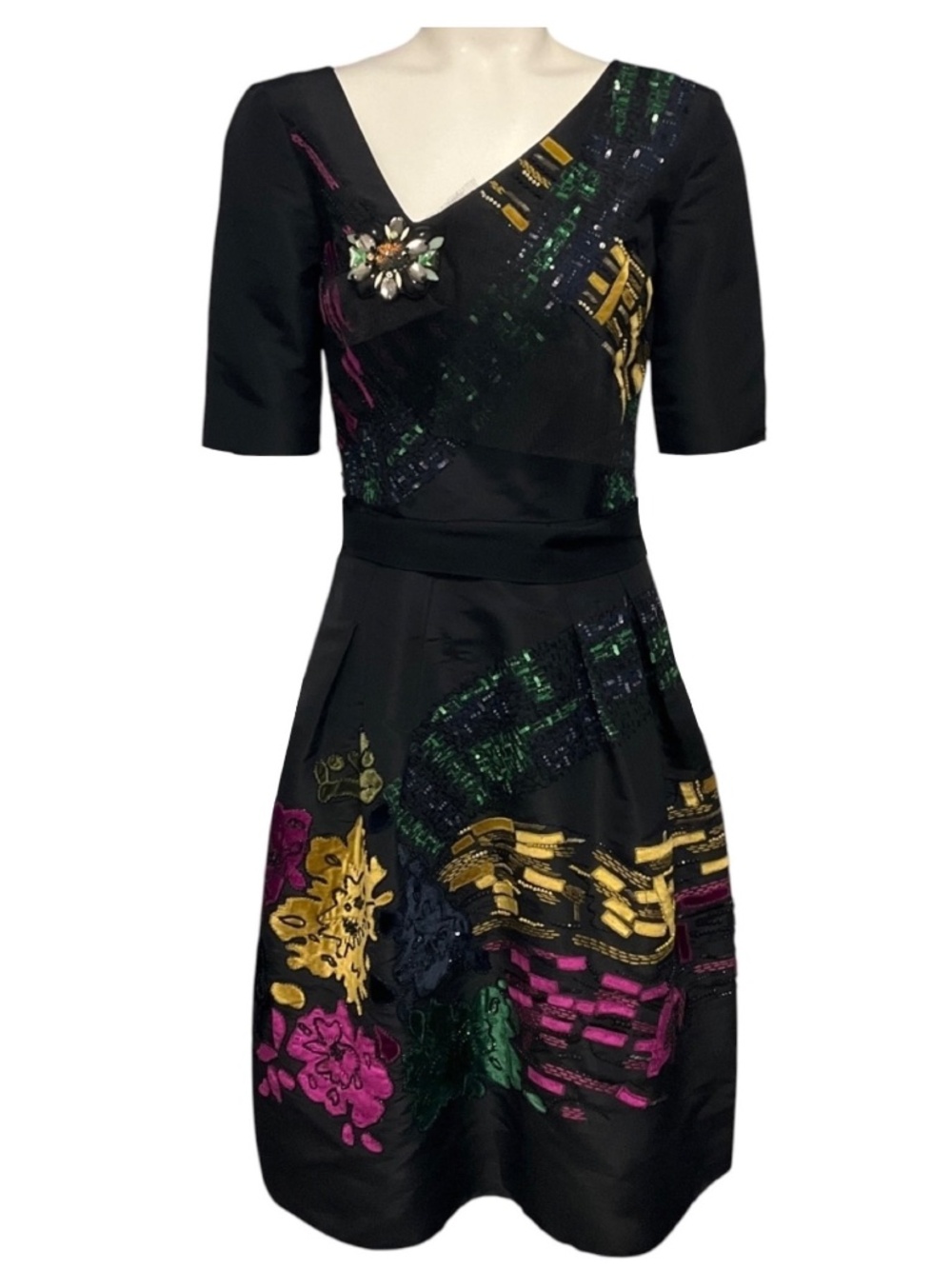 OSCAR DE LA RENTA BLACK MULTI EMBELLISHED SILK TAFFETA COCKTAIL DRESS